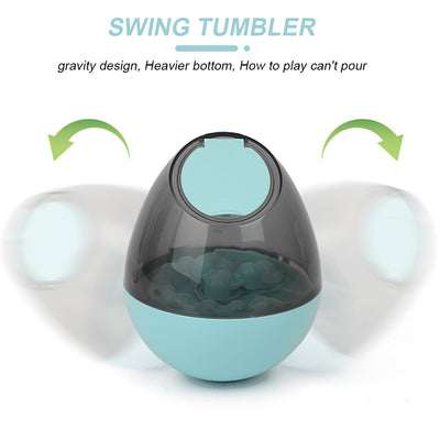 Orange and blue interactive pet food dispenser toy with multiple tiers and white balls, next to its black packaging. - Image 8