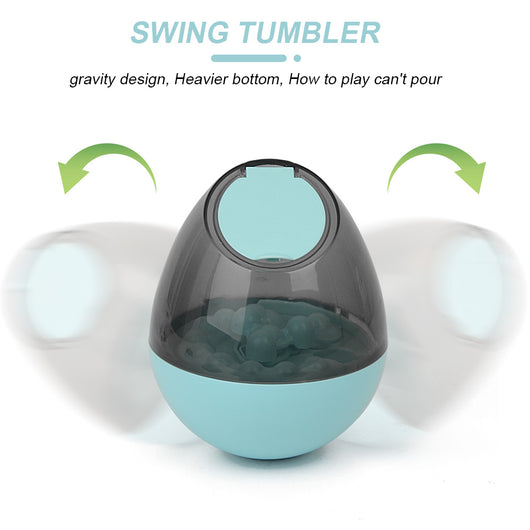 Orange and blue interactive pet food dispenser toy with multiple tiers and white balls, next to its black packaging. - Image 8