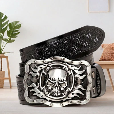 Cinturón de Cuero para Hombre con Hebilla de Aleación y Diseño Vintage Grabado - Image 3