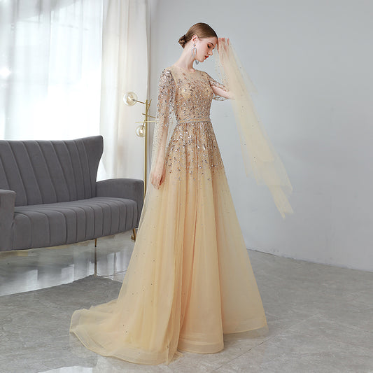 Vestido de Noche Largo Dorado Premium con Mangas Volantes