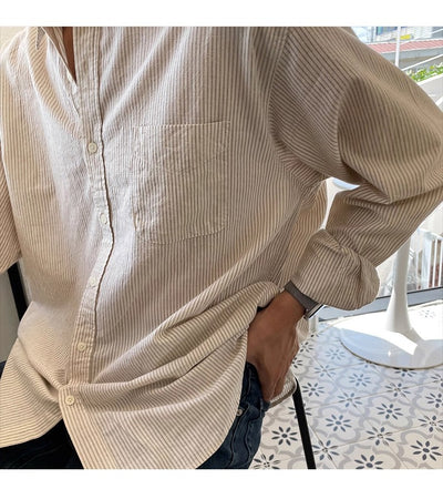 Camisa Casual Holgada de Manga Larga a Rayas para Hombre - Image 14
