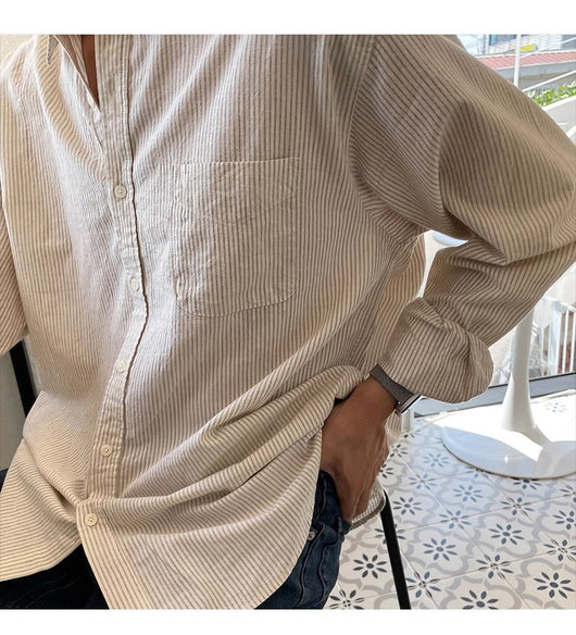 Camisa Casual Holgada de Manga Larga a Rayas para Hombre - Image 14