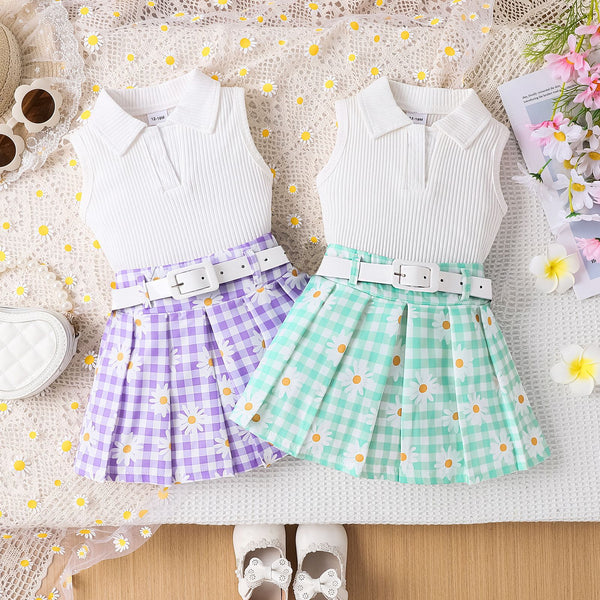 Conjunto de Tres Piezas para Niña: Top Sin Mangas a Rayas con Falda Cuadros Margarita y Cinturón