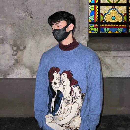 Suéter de Terciopelo Tejido con Estampado Graffiti Lovers en Azul - Image 3