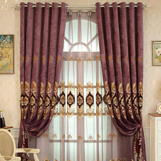 Purple chenille velvet curtains with gold embroidery, tied back to reveal a sheer embroidered curtain behind. - Image 3