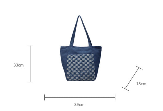 Bolsa Tote de Mezclilla Lavada con Patrón Escocés y Gran Capacidad - Image 9