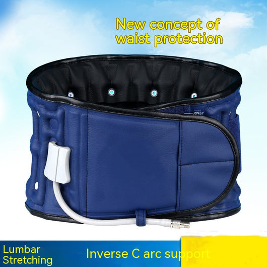 Blue inflatable waist supporter fixing band with black interior, white inflation tube, and hook-and-loop closure. - Image 2