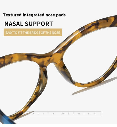 Black cat-eye anti-blue light reading glasses with green patterned temples on a white background. - Image 15