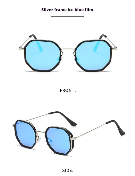 Men's personalized polygon sunglasses with black and gold frame and purple gradient UV resistant lenses. - Image 10