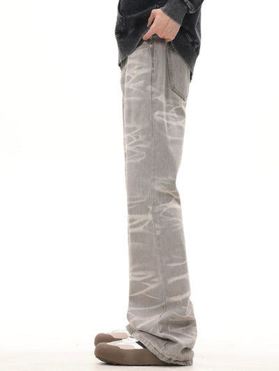 Jeans Rectos Desgastados a Mano Gris Mud con Rayas Retro - Image 6