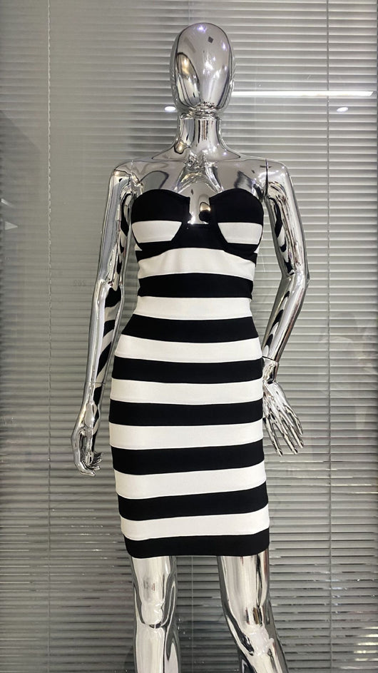 Vestido de Fiesta Rayas Blanco y Negro - Diseño Bandage Ajustado para Mujer - Image 9