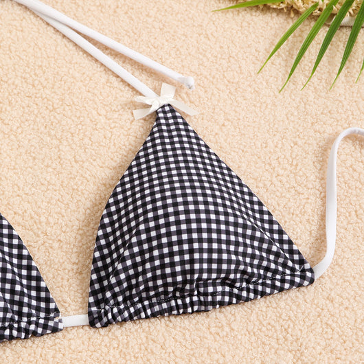Blue and white gingham plaid bikini swimsuit with triangle top and thong bottom, featuring white tie straps and bows. - Image 43