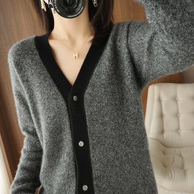 Cardigan de Cuello V en Cashmere con Bloques de Color para Mujer - Image 5