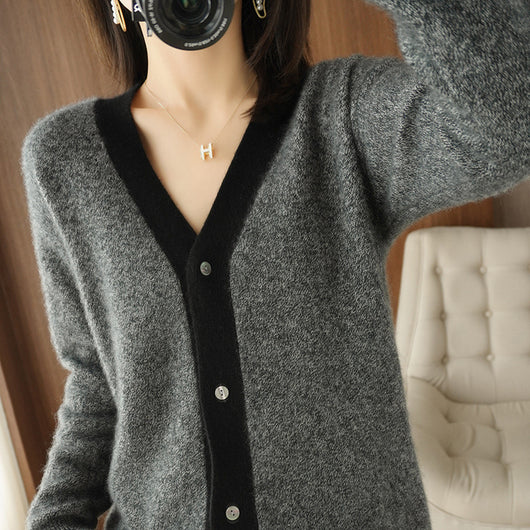 Cardigan de Cuello V en Cashmere con Bloques de Color para Mujer - Image 5