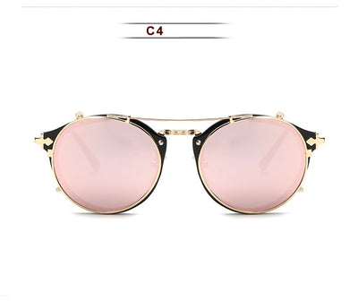 Round frame sunglasses with light blue mirrored lenses and a gold-tone metal frame, featuring a double bridge. - Image 10