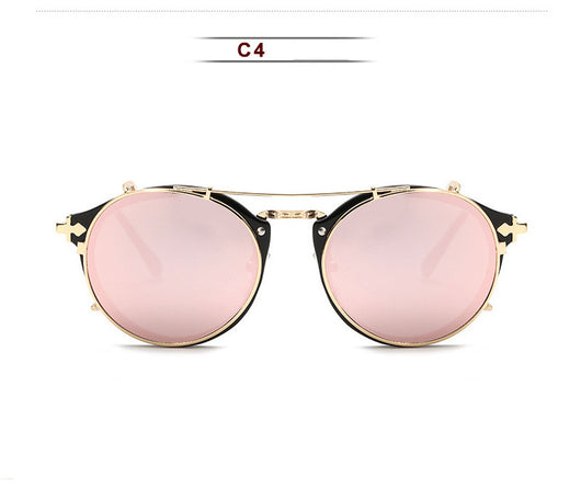 Round frame sunglasses with light blue mirrored lenses and a gold-tone metal frame, featuring a double bridge. - Image 10