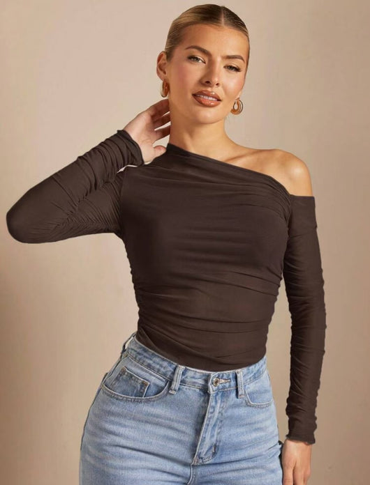 Blusa Larga de Malla Plisada con Manga Larga y Correa al Hombro para Mujer - Image 9