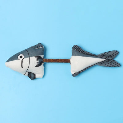 Gray and white plush catnip fish molar rod toy with a brown stick, designed for cats to chew and play. - Image 11