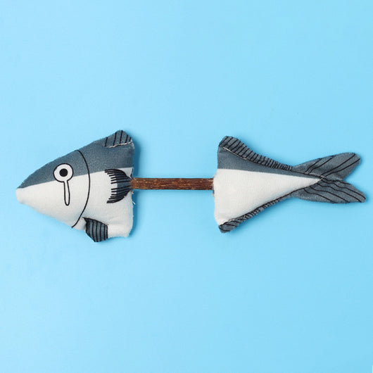 Gray and white plush catnip fish molar rod toy with a brown stick, designed for cats to chew and play. - Image 11