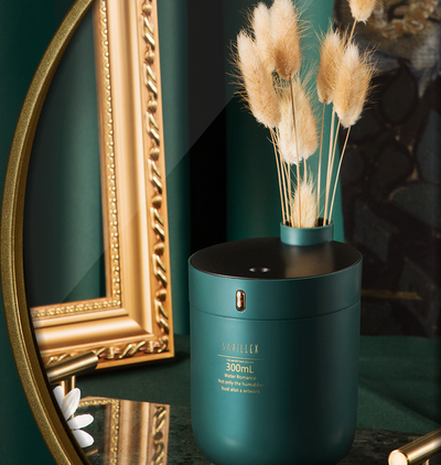 Dark green cylindrical humidifier with a black top, 300mL capacity, and a single control button. - Image 6