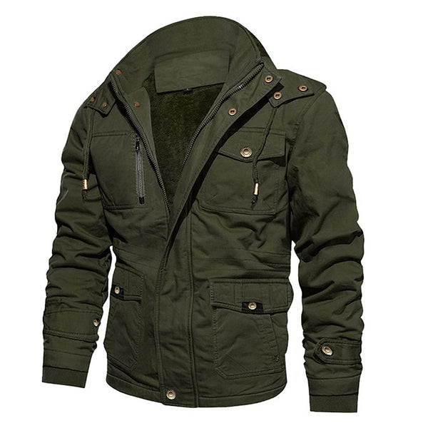 Chaqueta Abrigo Hombre Algodón con Capucha Forrado Velludo Multibolsillos Estilo Vintage