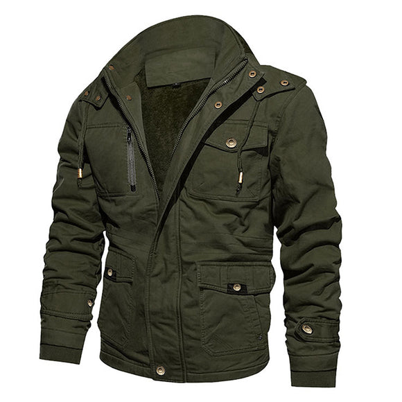Chaqueta Abrigo Hombre Algodón con Capucha Forrado Velludo Multibolsillos Estilo Vintage