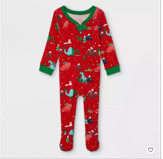Red long-sleeved men's pajama set with a festive dinosaur and Christmas tree print, featuring green cuffs. - Image 17