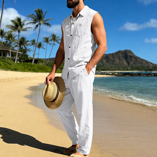Conjunto de Lino Holgado para Hombre: Camisa sin Mangas y Pantalón Recto - Image 17