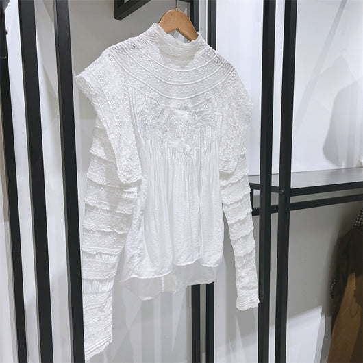 Blusa Elegante con Cuello de Pie, Encaje y Volantes Reversible - Image 3