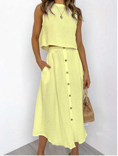 Conjunto de Dos Piezas: Chaleco y Vestido Midi Cuello Redondo Elegante - Image 5