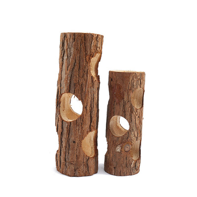 Natural solid wood pipe with bark texture and multiple holes, serving as a chew toy or hideout for small pets. - Image 10