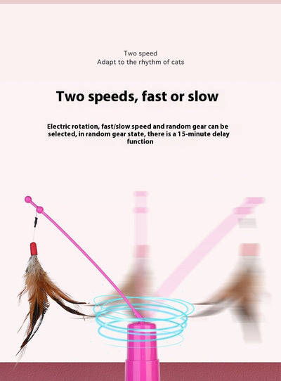 Pink automatic cat toy with a rotating pole and a brown feather attachment, measuring 15cm high. - Image 10