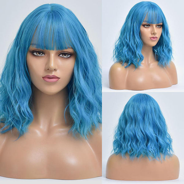 Peluca Rizada Azul Claro Estilo Europeo - Cabello Sintético Corto para Mujer