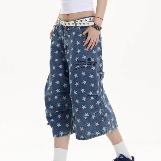 Pantalón Denim Estampado Crop Ancho y Suelto