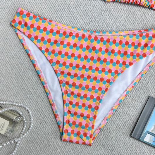 Colorful polka dot triangle-bra bikini swimsuit set with pink, yellow, orange, and blue dots. - Image 3