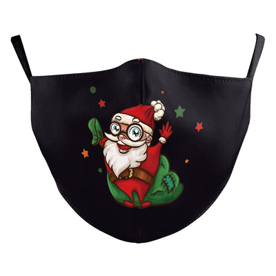 Black dustproof face mask with a digital print of Santa Claus and two reindeer in a snowy forest scene. - Image 8