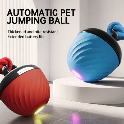 Red and black smart interactive pet toy ball with a textured swirl pattern and an attached red rope. - Image 2