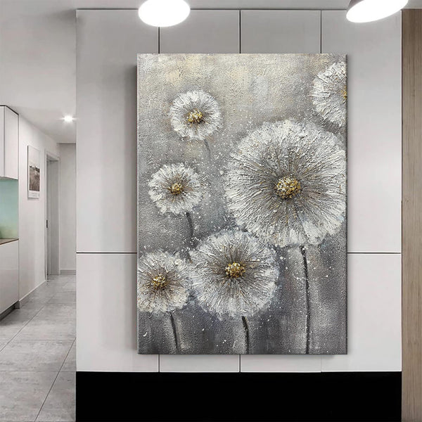 Cuadro Óleo Texturizado Flores Blancas sobre Lienzo Gris - Arte Moderno para el Hogar