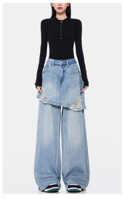 Pantalones Rectos Azul Vintage Efecto Desgastado Doble Tela para Mujer - Image 10