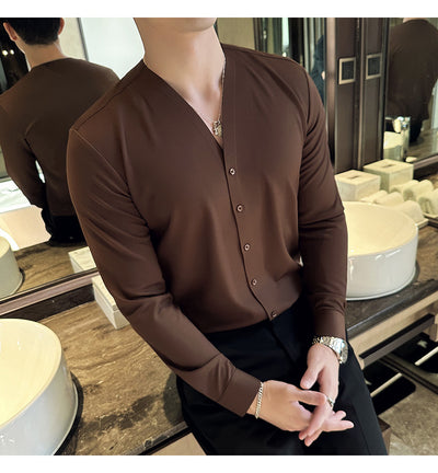 Camisa de Cuello V Manga Larga con Textura Waffle para Hombre - Image 31
