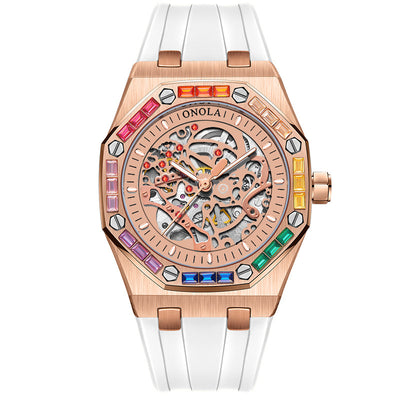 Reloj Automático para Hombre con Banda de Silicona Arcoíris y Diamantes - Image 11