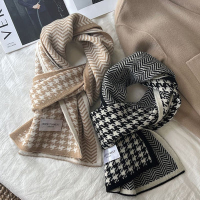 Bufanda de Lana Reversible Estilo Coreano Pata de Gallo y Olas - Tejida Doble Cara para Invierno