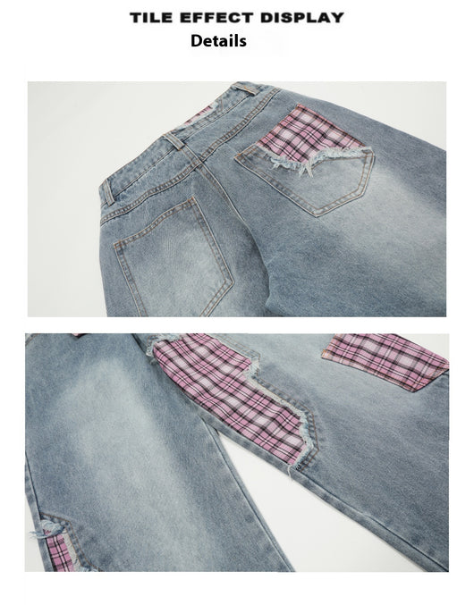 Pantalones Jeans Rectos Anchos para Mujer con Cuadros y Moño - Image 12