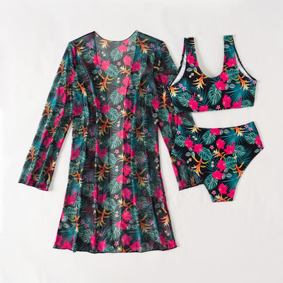 Multicolor tropical print three-piece swimsuit set with high-waisted bikini and sheer mesh cover-up on a beach. - Image 36