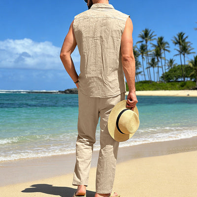 Conjunto de Lino Holgado para Hombre: Camisa sin Mangas y Pantalón Recto - Image 31