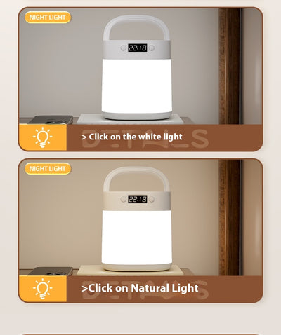 White rechargeable LED table lamp with a digital clock display and a light gray carrying handle. - Image 13