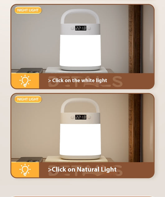 White rechargeable LED table lamp with a digital clock display and a light gray carrying handle. - Image 13