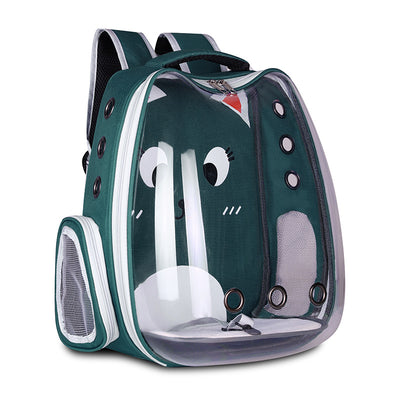 Light blue pet carrier backpack with a clear bubble window and a cartoon cat face design, featuring mesh sides. - Image 4