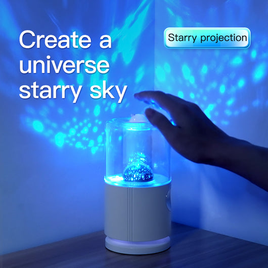 Light blue smart rotary projection humidifier with a clear water tank and a cute cat-shaped top. - Image 13