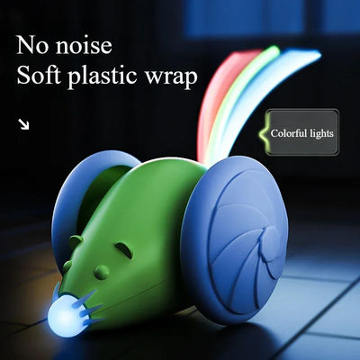White and grey electric mouse cat toy with large wheels, a glowing blue tail, and a USB charging cable. - Image 26